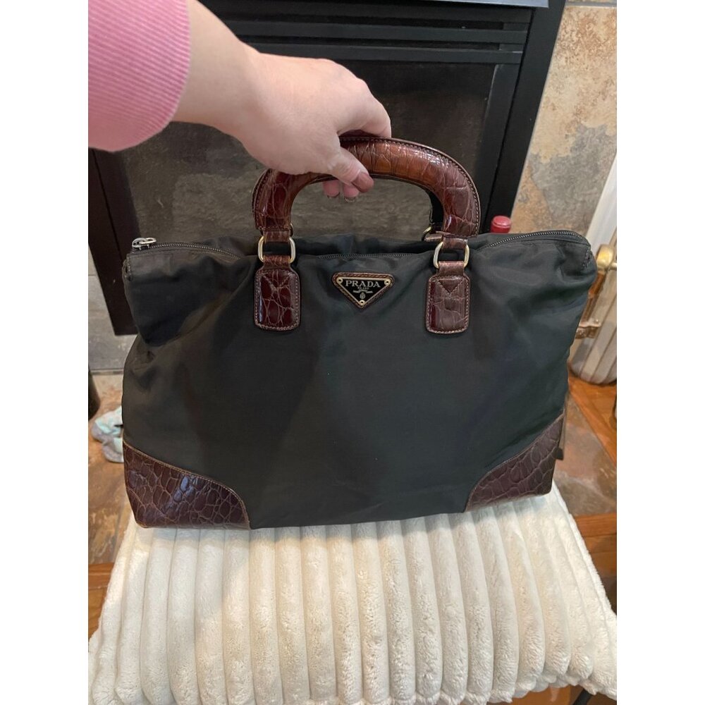 B309 - Prada black nylon top handle bag with brown crocodile-embossed leather tr